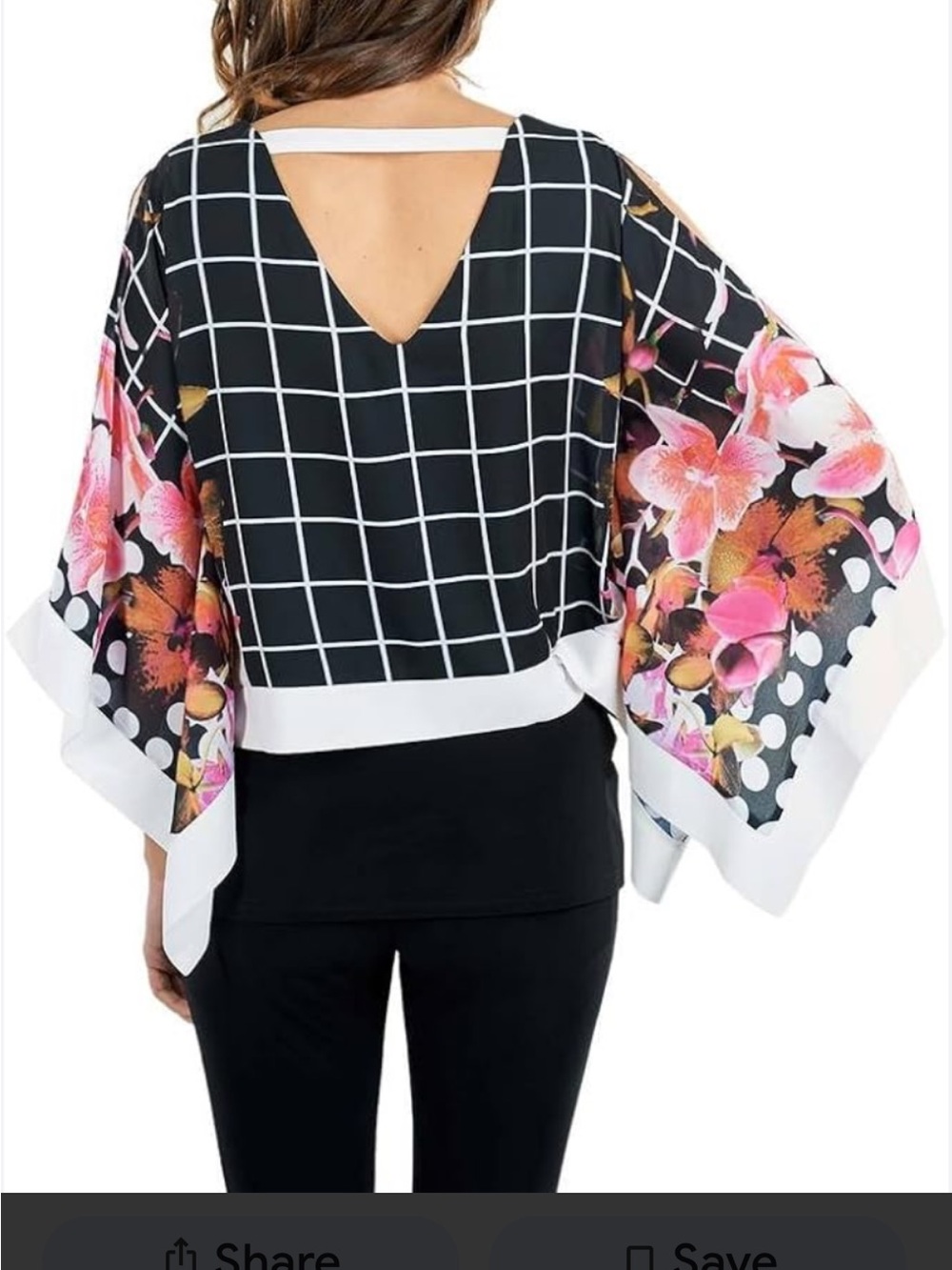 Floral Grid Kimono-Sleeve Women's Top - Black and Pink